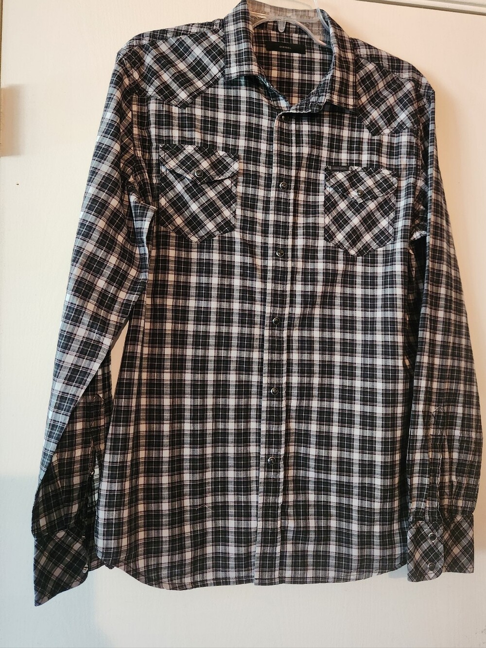 Diesel Ladies Plaid Western Black Pearl Snaps Size Large EUC $38